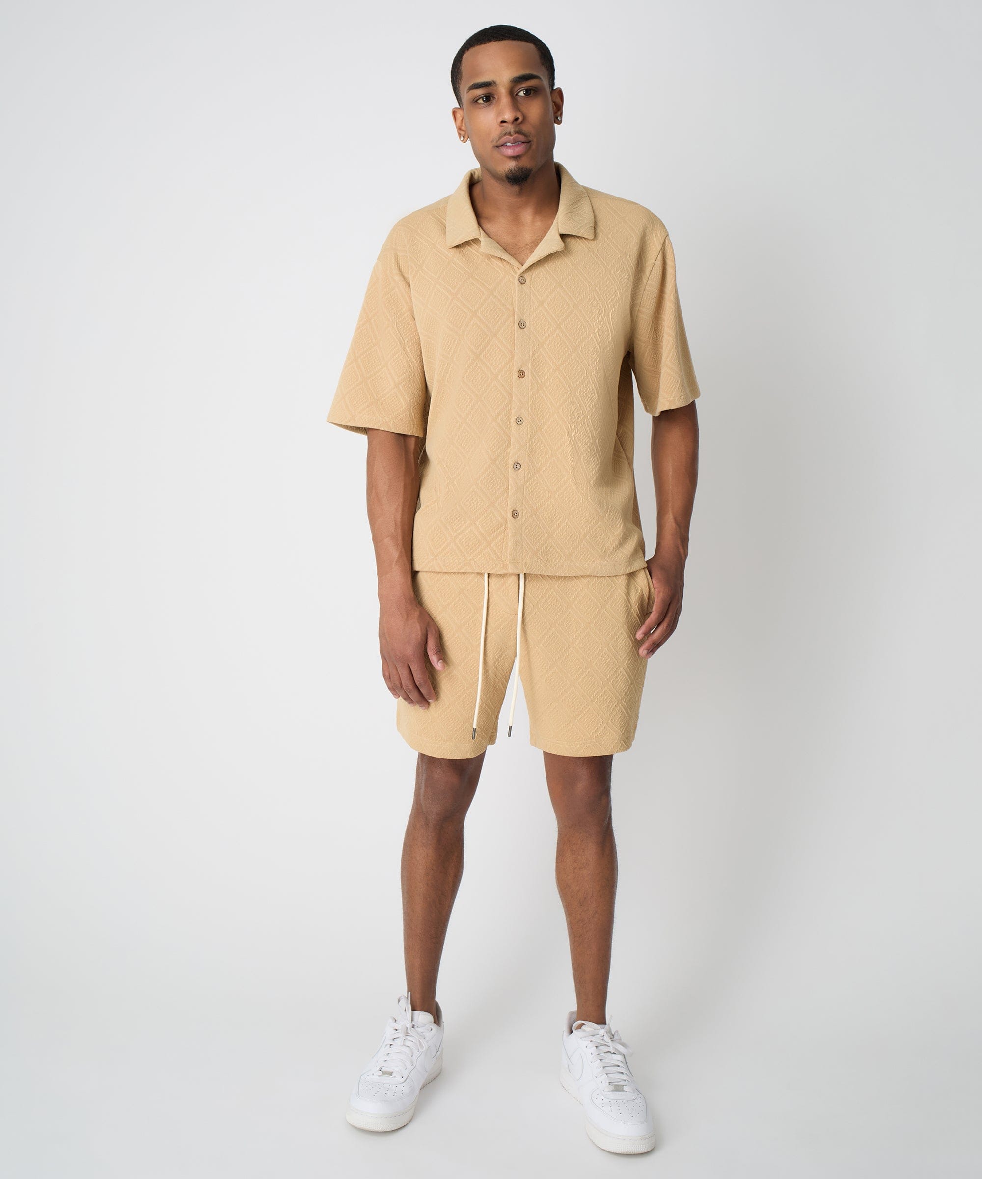  Reason Clothing Textured Knit Short Sleeve Button Down Shirt - Taupe - TAUPE - Bonton
