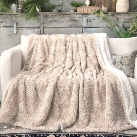 DaDalogy Bedding Champagne Ivory Faux Fur Throw Blanket - Dreamy Gold Geometric Embossed Sherpa Backside - Super Soft Warm Cozy Plush Fluffy by DaDa Bedding Collection