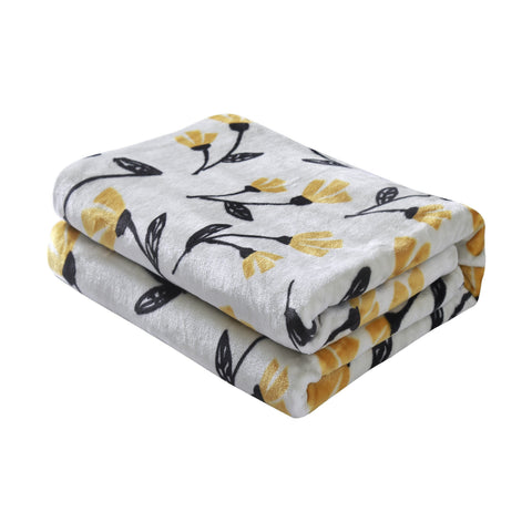 DaDa Bedding Soft Lightweight Fleece Throw Blanket, Yellow Fleur Floral Golden Orange Silver/Grey Background (XY1011) by DaDa Bedding Collection