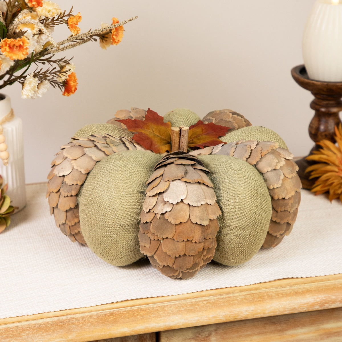  Northlight Fall Harvest Layered Wooden Leaves and Burlap Pumpkin - 10