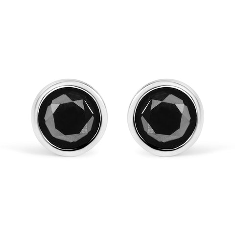 14K White Gold 3.00 Cttw Round Brilliant-Cut Black Diamond Bezel-Set Stud Earrings With Screw Backs (Fancy Color-Enhanced, I2-I3 Clarity)