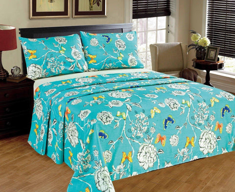 Tache 2-3 PC Cotton Butterfly Wonderland Blue Floral Colorful Girly Flat Sheet Set by DaDa Bedding Collection