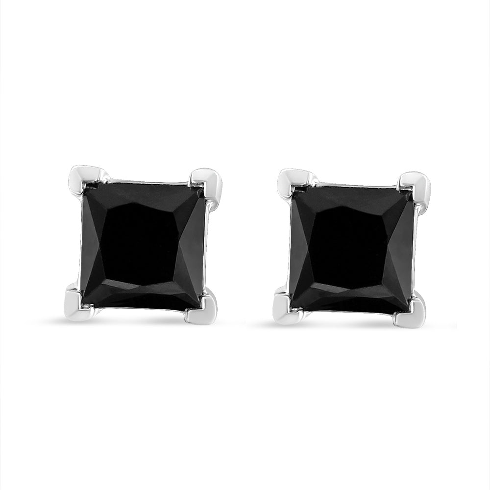  Haus of Brilliance .925 Sterling Silver 2.00 Cttw Princess-Cut Square Black Diamond Classic 4-Prong Stud Earrings With Screw Backs (Fancy Color-Enhanced, I2-I3 Clarity) - 2 - Bonton