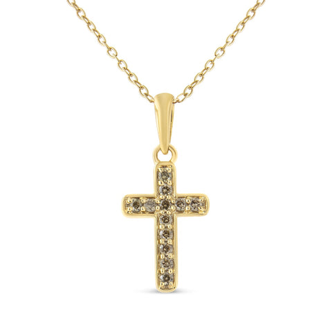 10K Yellow Gold Flashed .925 Sterling Silver 1/4 Cttw Champagne Diamond Cross Pendant Necklace (K-L Color, I1-I2 Clarity) - 18"