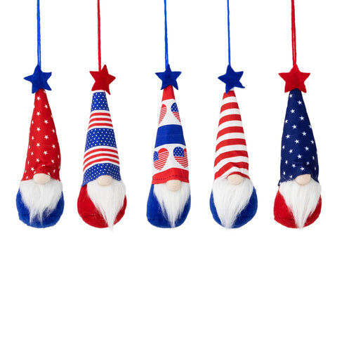Hearts  Stars and Stripes Patriotic Gnome Ornaments - 6.5" - Set of 5
