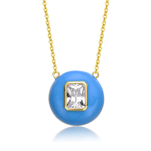 Teens 14k Gold Plated With Cubic Zirconia Radiant Solitaire Blue Enamel Small Round Pendant Necklace