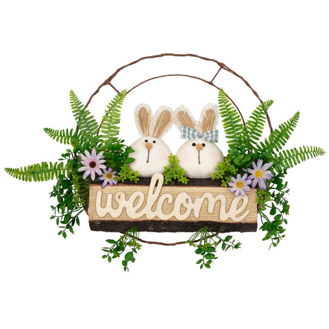 Rabbit Couple "Welcome" Floral Spring Wreath  16-Inch