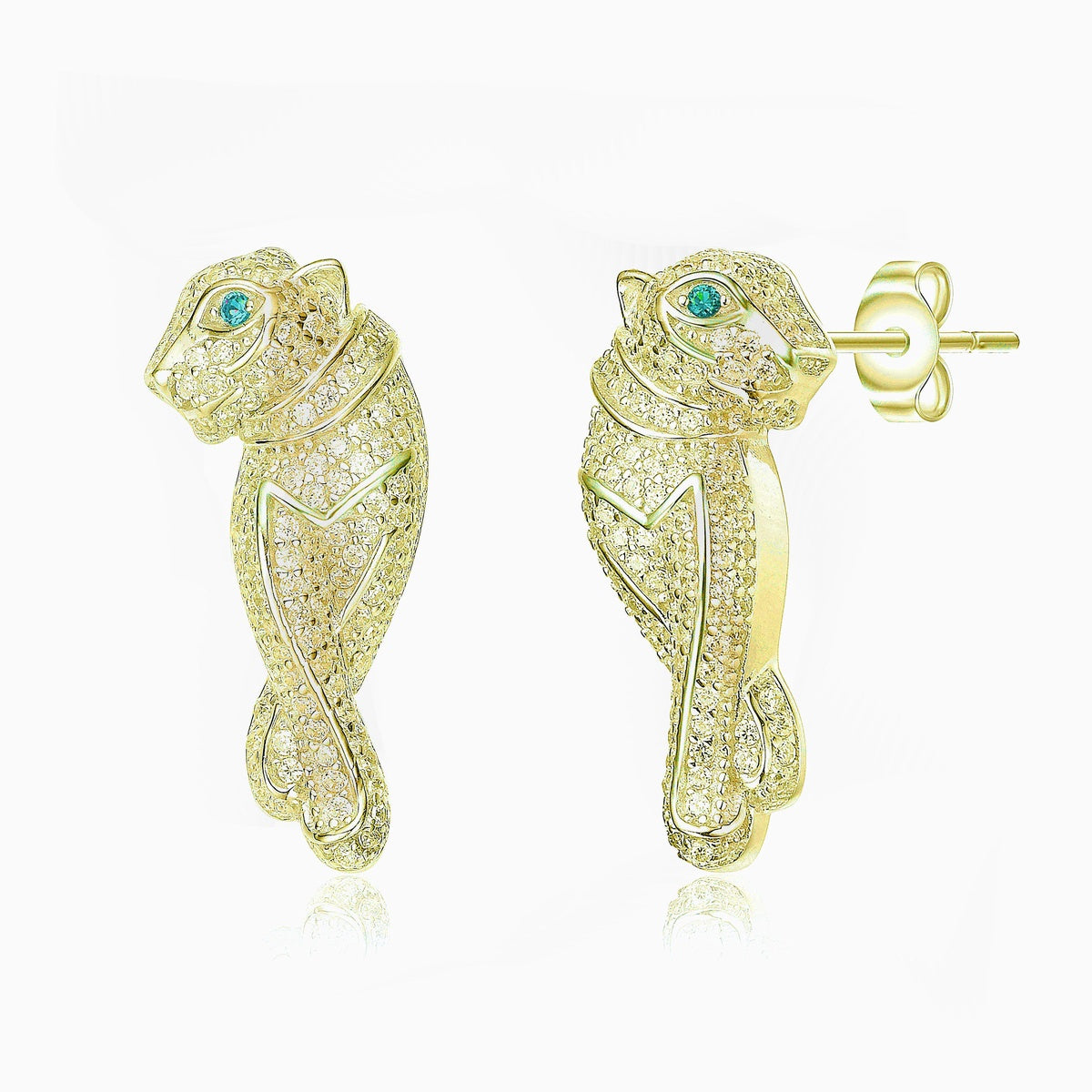  Rachel Glauber White Gold Plated With Emerald & Cubic Zirconia Walking Panther Earrings - Gold - Bonton