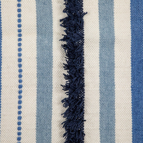 3.5' X 2.25' Blue  Cream and Black Striped Handloom Woven Outdoor Accent Throw Rug