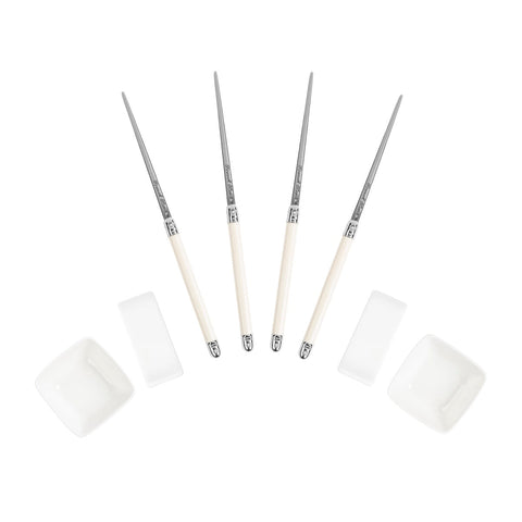 Chopsticks With Faux Ivory Handles, Ceramic Rests and Sauce Bowls, Set of 2 Pairs