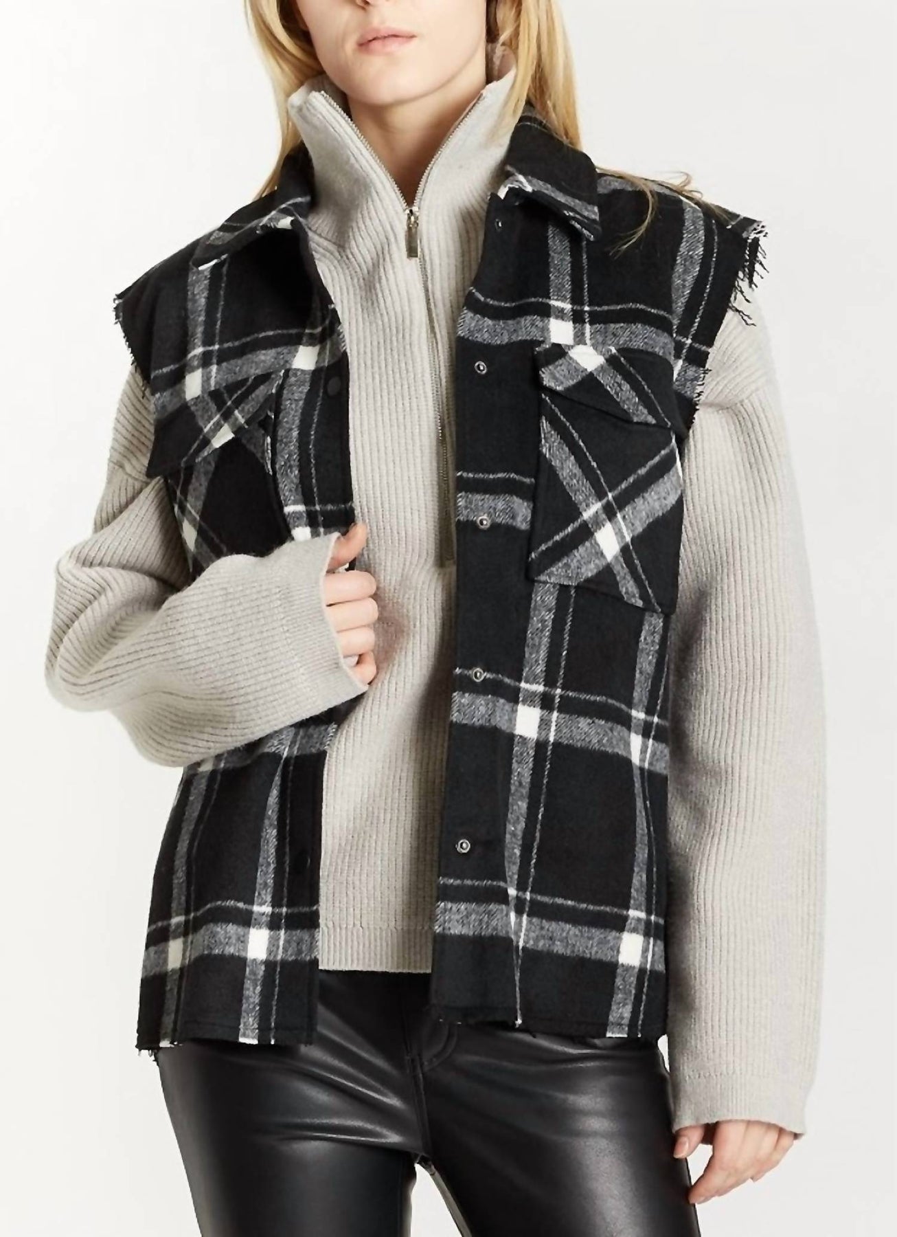 Oat New York Plaid Hunter Vest with Frayed Sleeves - Black/White Plaid - Bonton