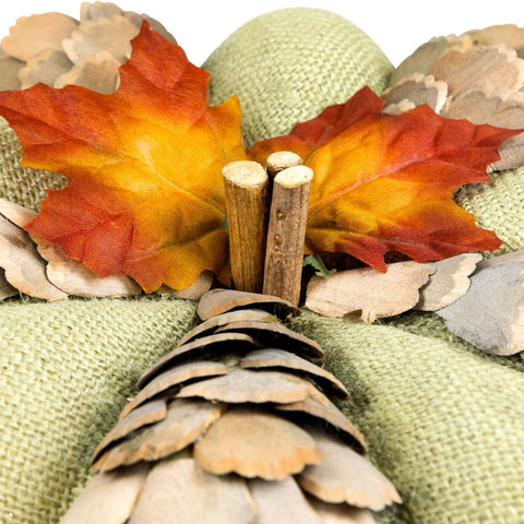 Fall Harvest Layered Wooden Leaves and Burlap Pumpkin - 10" - Green and Beige