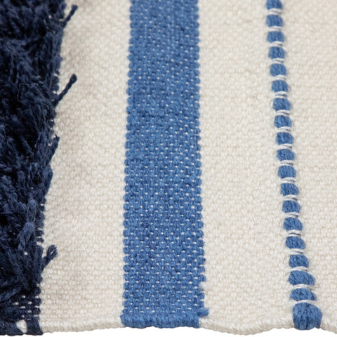 3.5' X 2.25' Blue  Cream and Black Striped Handloom Woven Outdoor Accent Throw Rug