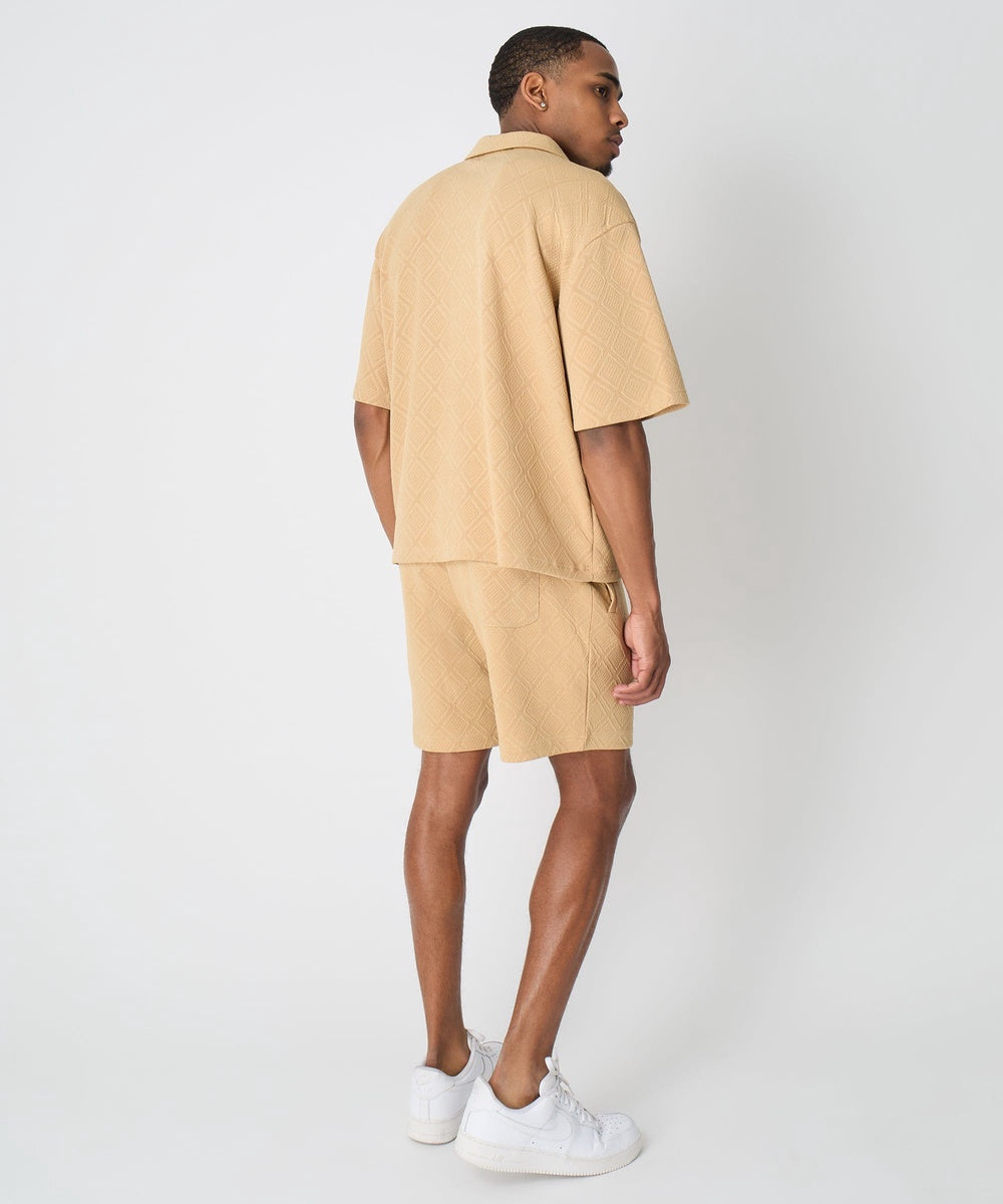  Reason Clothing Textured Knit Short Sleeve Button Down Shirt - Taupe - TAUPE - Bonton