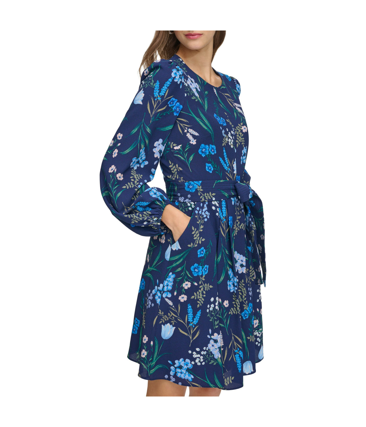  Eliza J Jewel Neck Long Sleeve Fit & Flare With Trapunto Belt Navy - Navy - Bonton