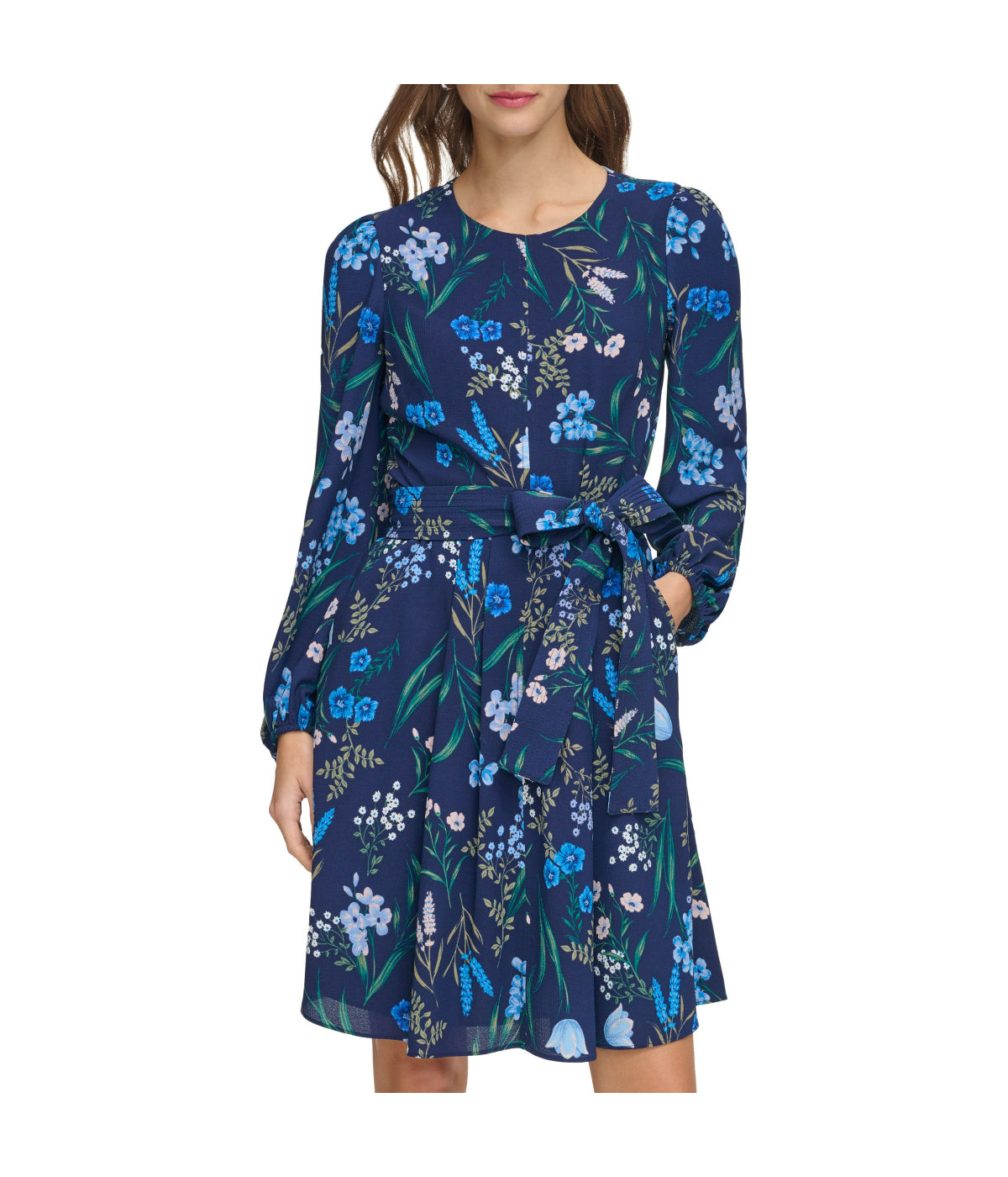  Eliza J Jewel Neck Long Sleeve Fit & Flare With Trapunto Belt Navy - Navy - Bonton