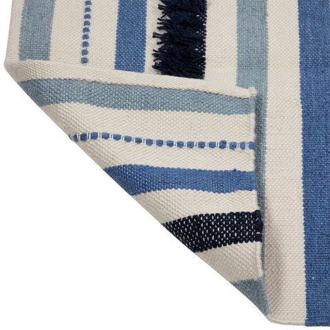 3.5' X 2.25' Blue  Cream and Black Striped Handloom Woven Outdoor Accent Throw Rug