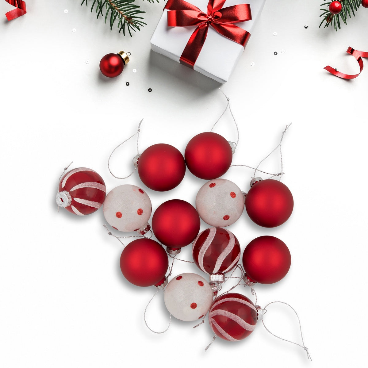  Northlight 12ct Red and White Glass 3-Finish Christmas Ball Ornaments 1.75