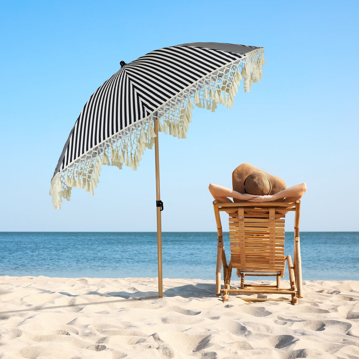  Northlight Striped Outdoor Beach Market Umbrella With Tilt- 6.5' - Black and White - Default Title - Bonton