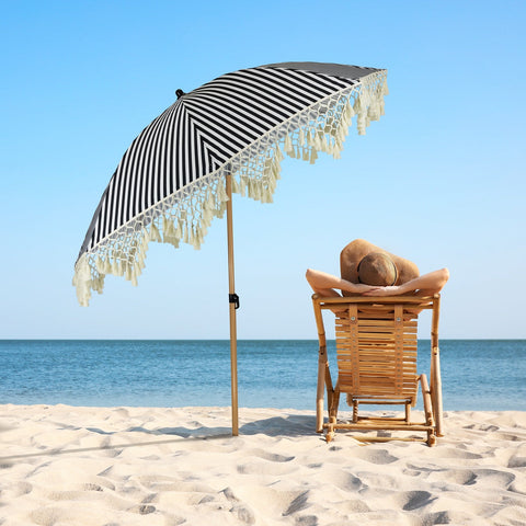 Striped Outdoor Beach Market Umbrella With Tilt- 6.5' - Black and White