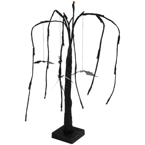 Pre-Lit Glittered Halloween Willow Tree With Bats - 24" - LED Orange Lights