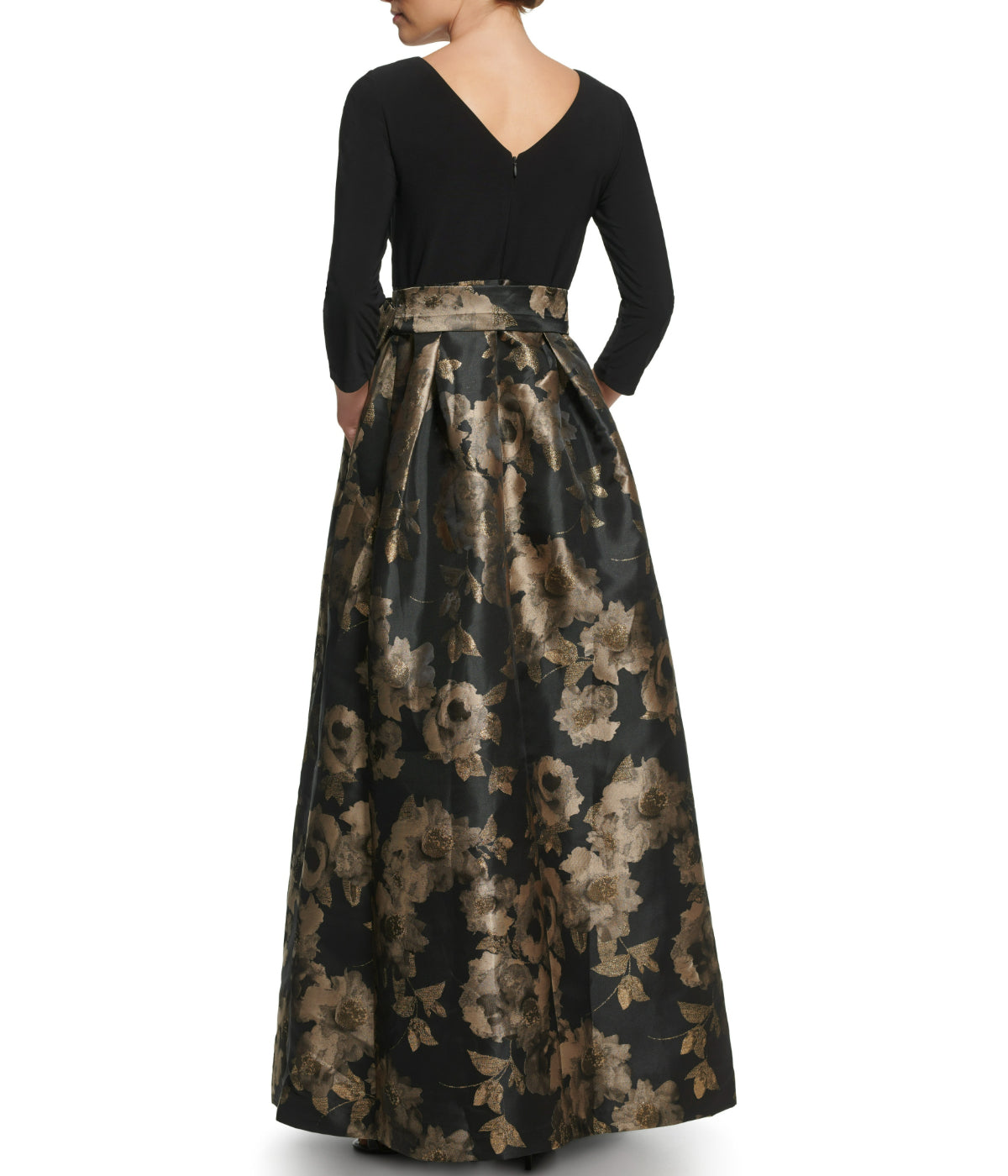 Jessica Howard 1Pc 3/4 Sleeve Boatnk Inset Waist Ballgown W/ Pleated Skirt & Tie Sash Black Gold - Black Gold - Bonton