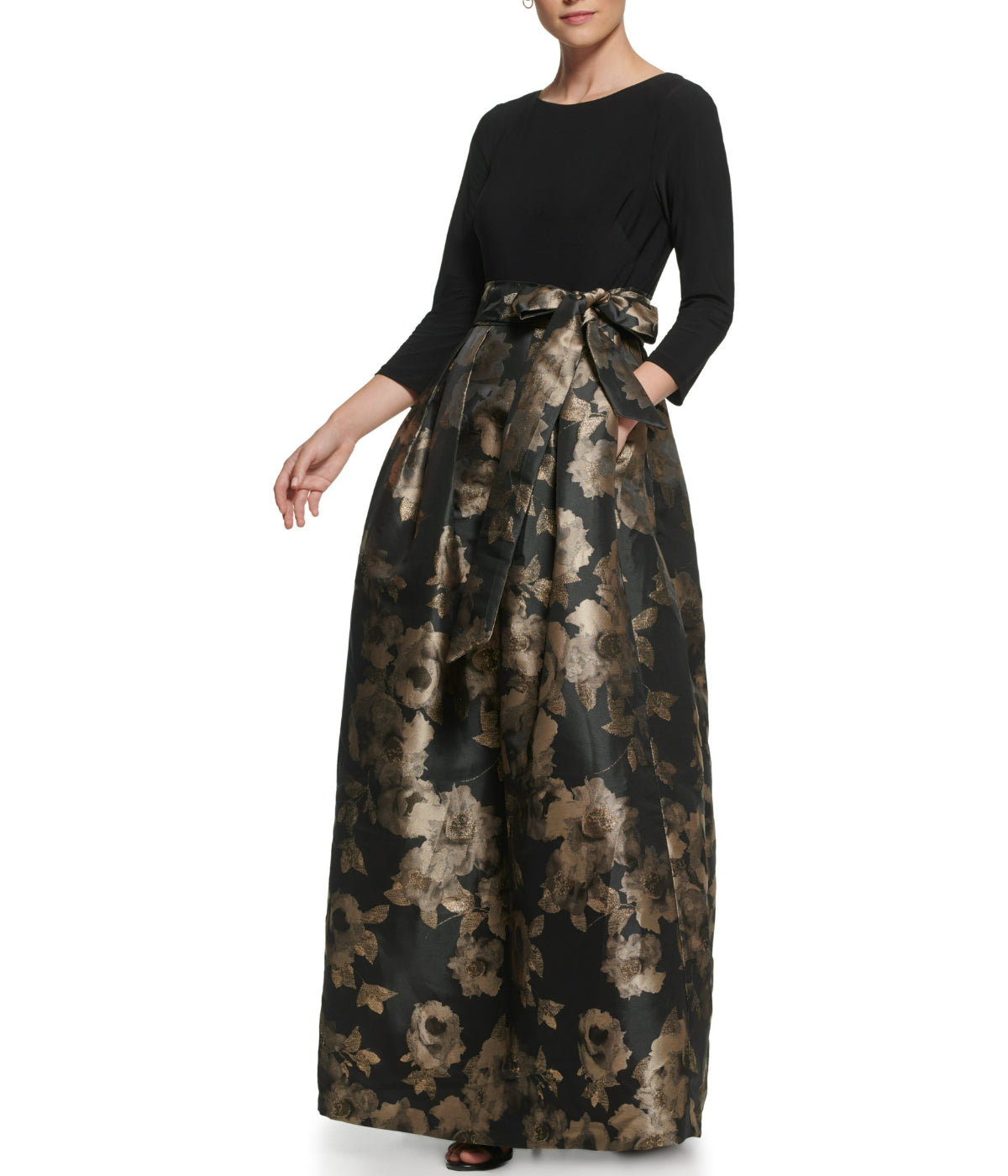  Jessica Howard 1Pc 3/4 Sleeve Boatnk Inset Waist Ballgown W/ Pleated Skirt & Tie Sash Black Gold - Black Gold - Bonton