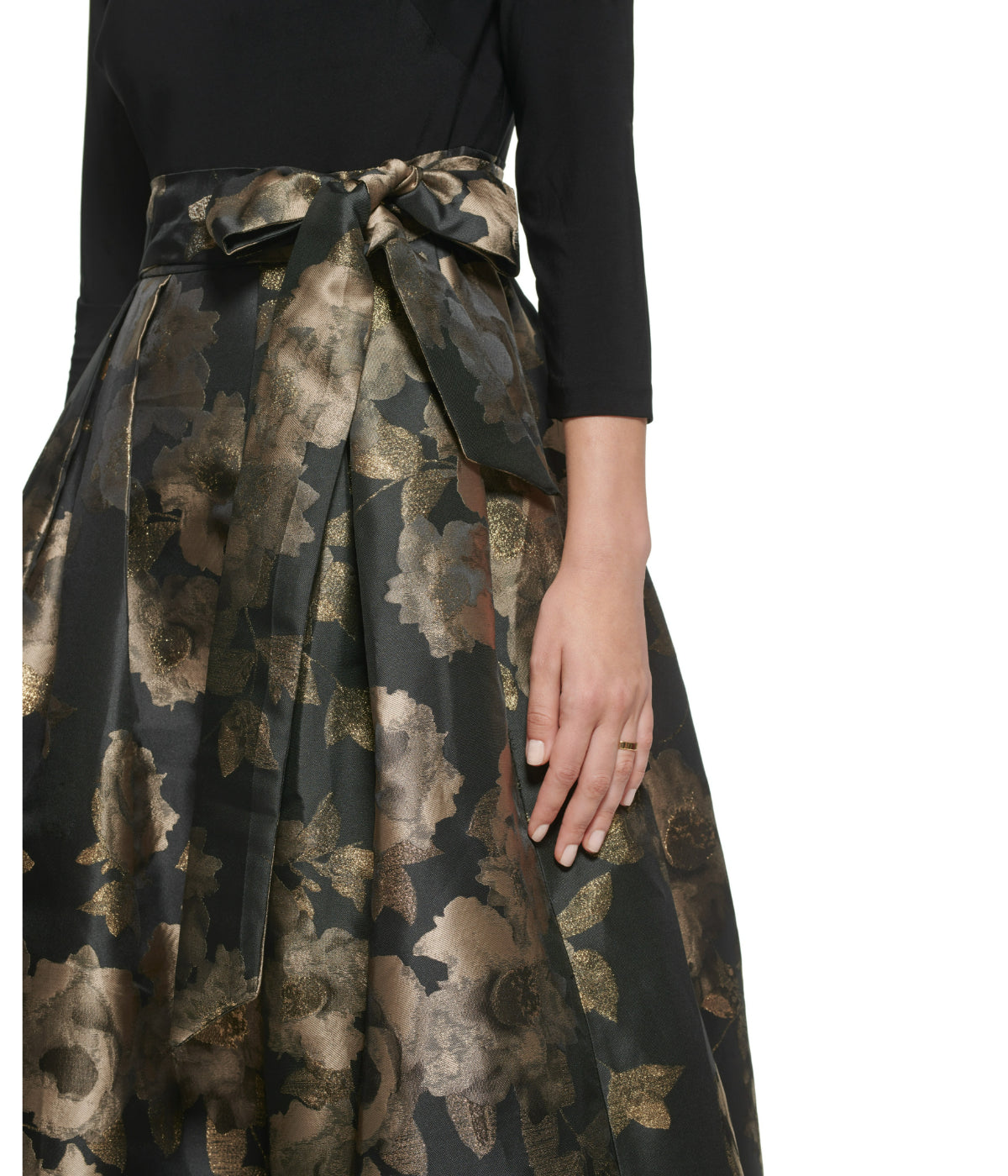  Jessica Howard 1Pc 3/4 Sleeve Boatnk Inset Waist Ballgown W/ Pleated Skirt & Tie Sash Black Gold - Black Gold - Bonton