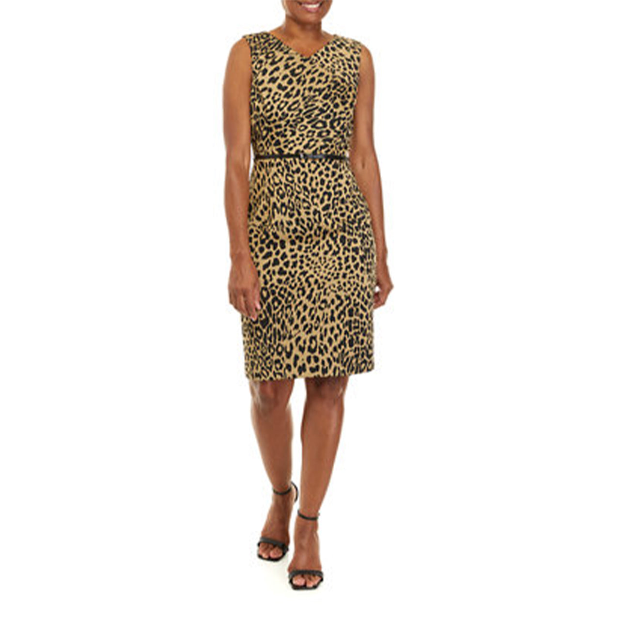  Kasper V-Neck Dress Bias Bodice Animal Stretch Jacquard Knit - Doe Black - Bonton