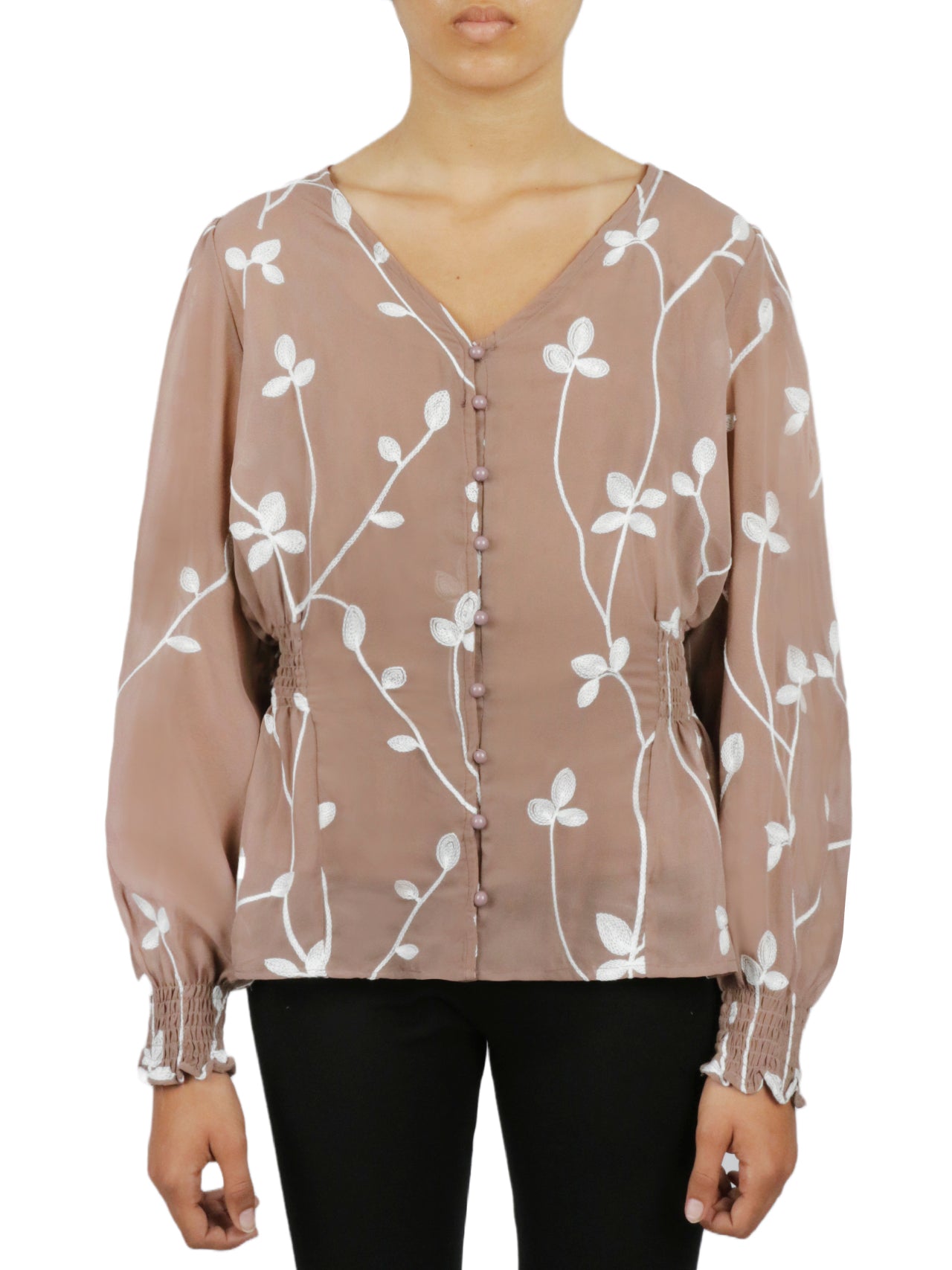  Miss Selen Floral V Button Down - Brown - Bonton