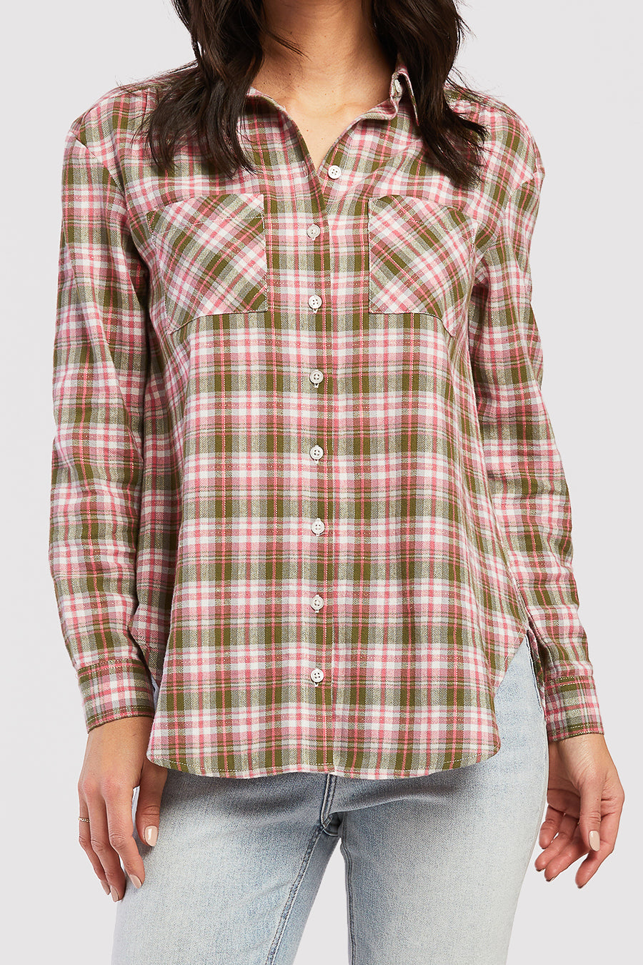   Velvet Heart Long Sleeve Button Down Shirt, Chest Patch Pockets Shirred Shoulder Detail - Yellow Brown Lurex Plaid - Bonton