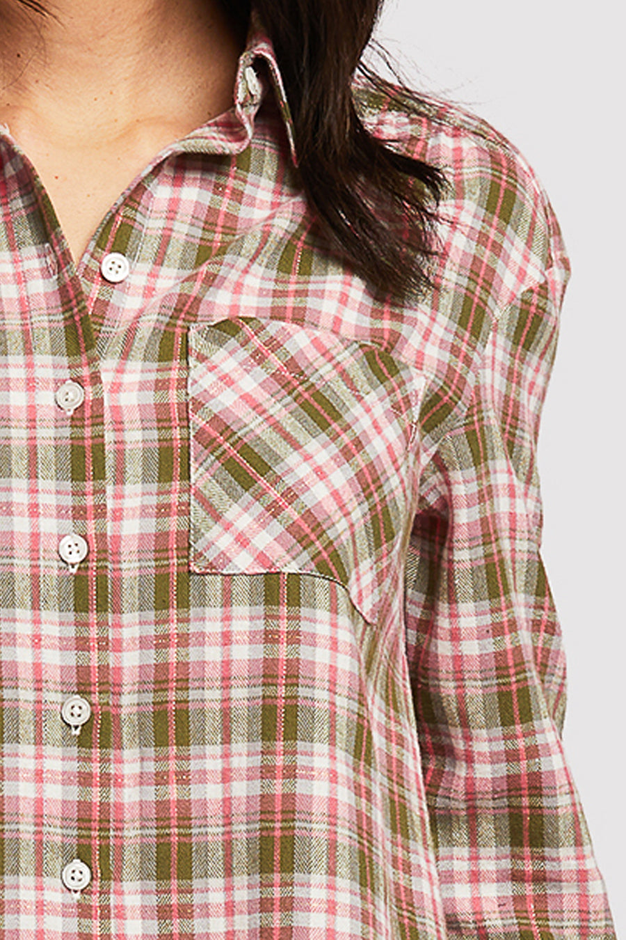   Velvet Heart Long Sleeve Button Down Shirt, Chest Patch Pockets Shirred Shoulder Detail - Yellow Brown Lurex Plaid - Bonton