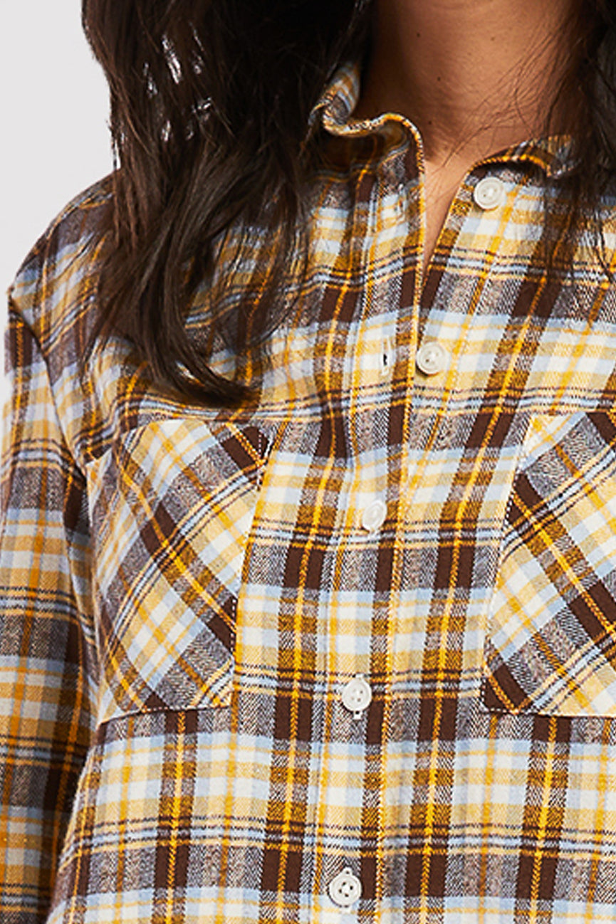   Velvet Heart Long Sleeve Button Down Shirt, Chest Patch Pockets Shirred Shoulder Detail - Yellow Brown Lurex Plaid - Bonton