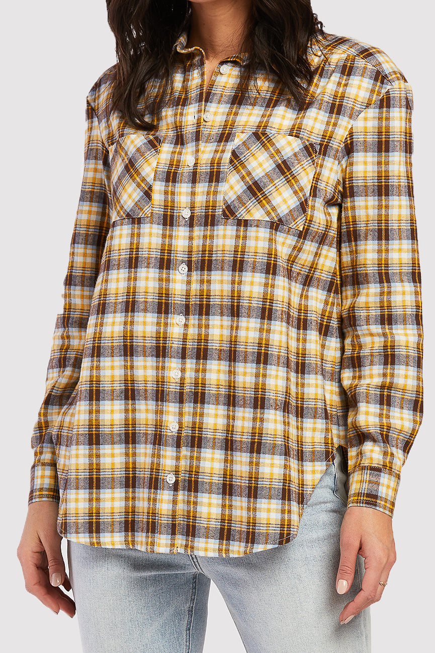   Velvet Heart Long Sleeve Button Down Shirt, Chest Patch Pockets Shirred Shoulder Detail - Yellow Brown Lurex Plaid - Bonton
