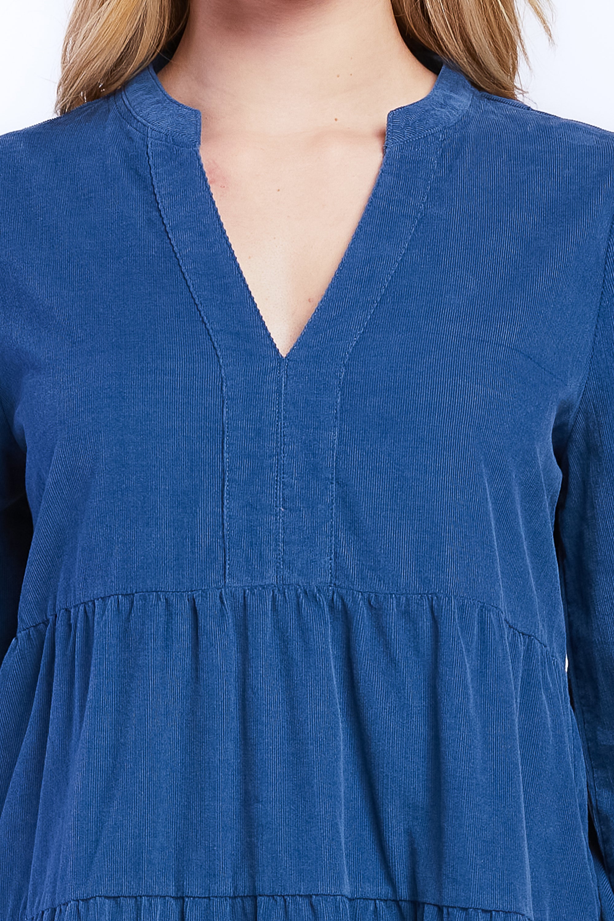   Velvet Heart Sherin Long Sleeve With Slight Shoulder Shirring V Neck Banded Collar Three Tier Baby Doll Dress Side Seam Pockets - Blue - Bonton