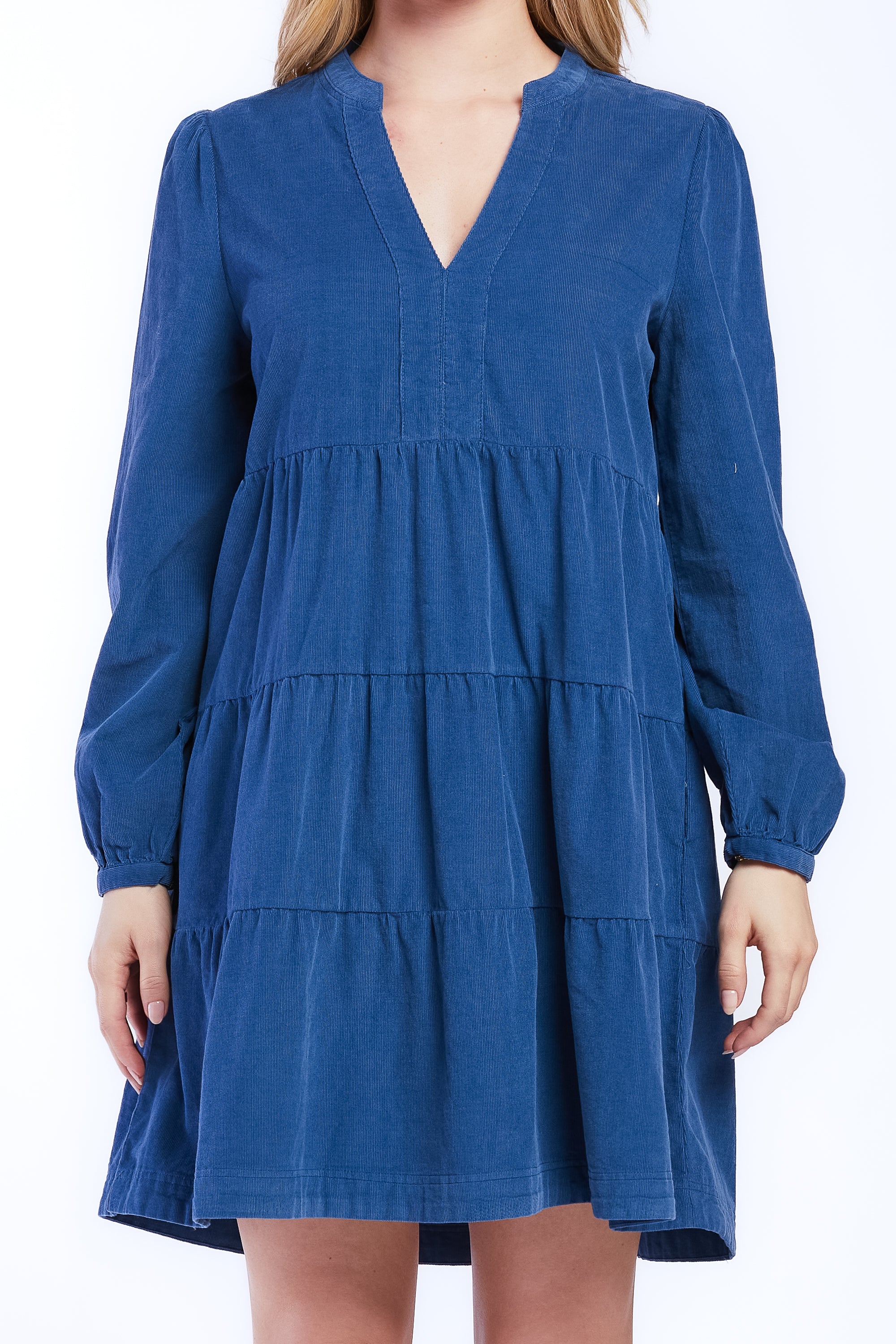   Velvet Heart Sherin Long Sleeve With Slight Shoulder Shirring V Neck Banded Collar Three Tier Baby Doll Dress Side Seam Pockets - Blue - Bonton