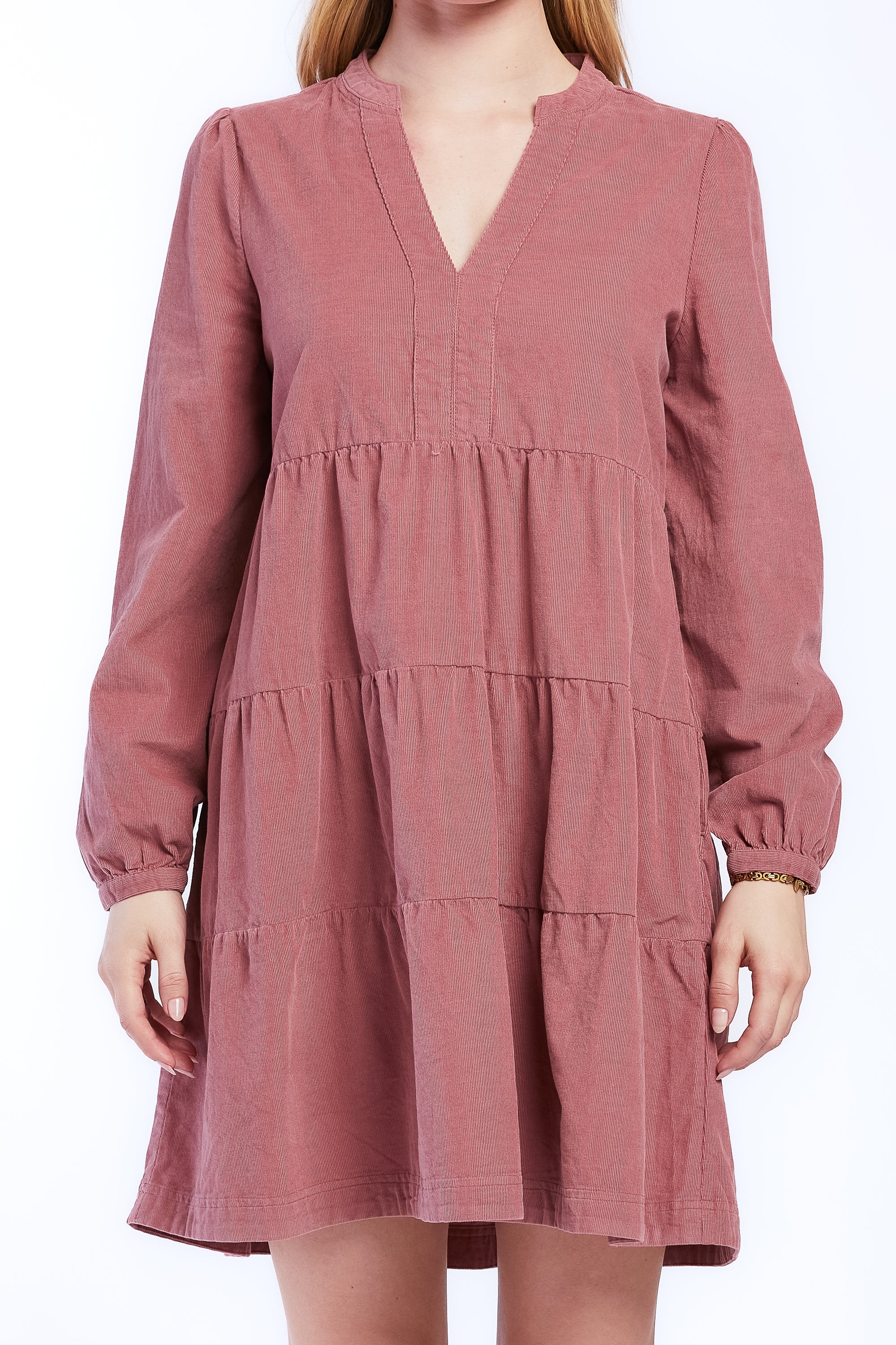   Velvet Heart Sherin Long Sleeve With Slight Shoulder Shirring V Neck Banded Collar Three Tier Baby Doll Dress Side Seam Pockets - Blue - Bonton