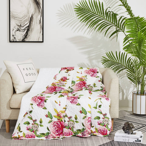 DaDa Bedding Romantic Roses Floral Throw Blanket - Lovely Spring Pink & White Scalloped Colorful Lightweight Breathable - Bright Vibrant Quilted Throw Blanket - 50 x 60 by DaDa Bedding Collection