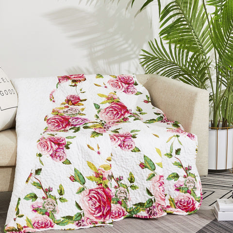 DaDa Bedding Romantic Roses Floral Throw Blanket - Lovely Spring Pink & White Scalloped Colorful Lightweight Breathable - Bright Vibrant Quilted Throw Blanket - 50 x 60 by DaDa Bedding Collection