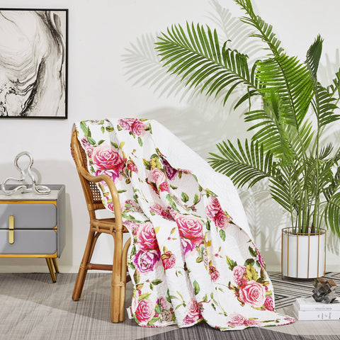 DaDa Bedding Romantic Roses Floral Throw Blanket - Lovely Spring Pink & White Scalloped Colorful Lightweight Breathable - Bright Vibrant Quilted Throw Blanket - 50 x 60 by DaDa Bedding Collection